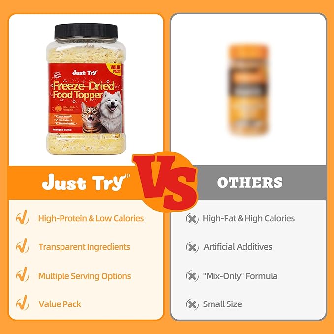 Just Try 8 OZ Pumpkin Freeze Dried Cat & Dog Food Toppers Mixers Low Calorie with Real Chicken Egg Yolk, High Protein Food Toppers Digestive Support