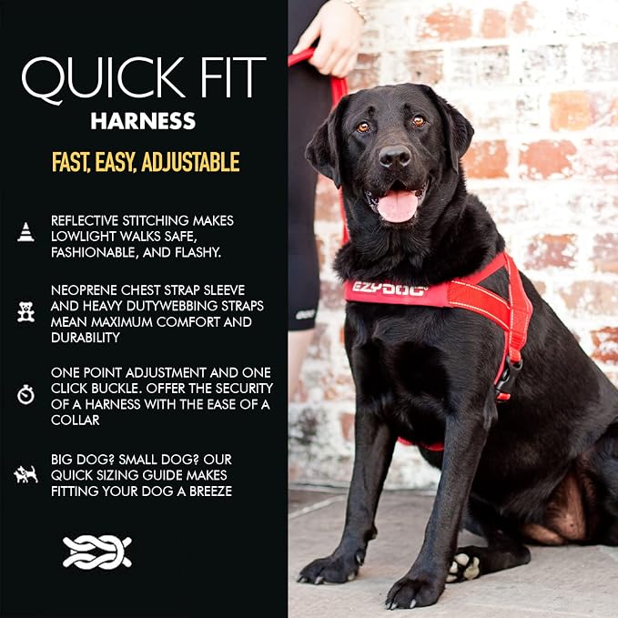 EzyDog Quick Fit Dog Harness, Soft Neoprene Padding - Medium, Red | Fast One-Click Buckle, Adjustable Fit, Strong Reinforced Materials, Reflective Stitching, No Pull Dog Harness, Easy Walking