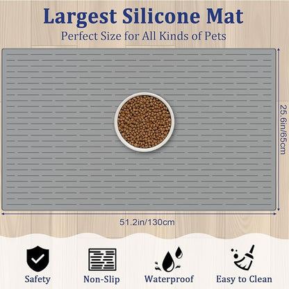 XXXXL Largest Pet Food Mat, 51.2"x25.6"(130cmx65cm) Silicone Dog Mats for Food and Water, Nonslip Pet Feeding Mats for Floors,Dog Cat Bowl Mat with Raised Edges, Beige