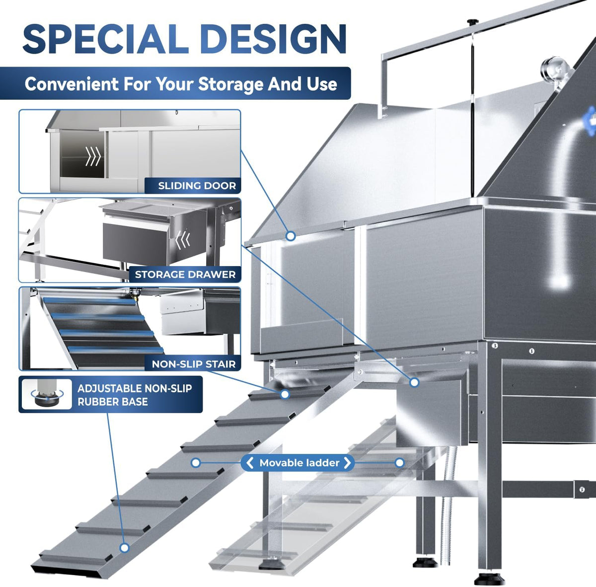 Professional 46" Dog Washing Station, Stainless Steel Dog Bathing Station, Height Adjustable Dog Wash Station, Storage Drawer, Upgrade Parts, Home, Commercial (Left Ramp)
