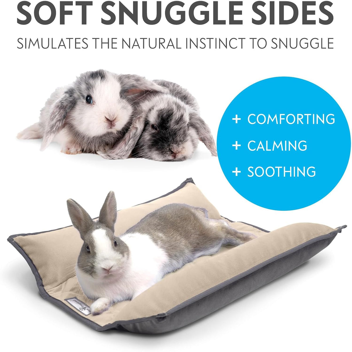 Paw Inspired Snuggle Bunny Bolster Bed for Rabbits, Cats, Dogs and Other Small Pets, Reversible Fleece Flop Bedding with Padded Sides (Gray/Beige)