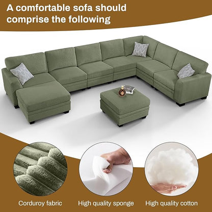 Legend Vansen Sectional Couches for Living Room,L-Shaped Corduroy Sofa with Ottoman for Living Room,Bedroom and Apartment (Olive, U-9)