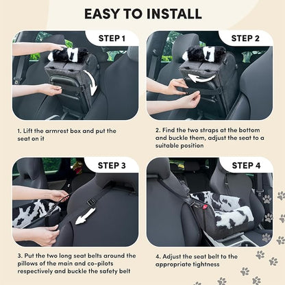 Center Console Dog Car Seat for Small Pets to 11lbs, Milk Cow | Anti-collapse armrest Console seat with washable fluffy cushion, pillow & tether for stable, cozy pet travel trips.