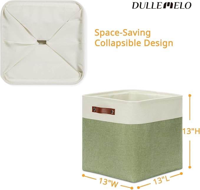 DULLEMELO Storage Baskets for Organizing, Linen Closet Organizers and Storage Baskets for Dog Toy Box, 13 Inch Decorative Cube Storage Bins with handle for Baby Gift Basket(4 Pack - 13" White&Green)