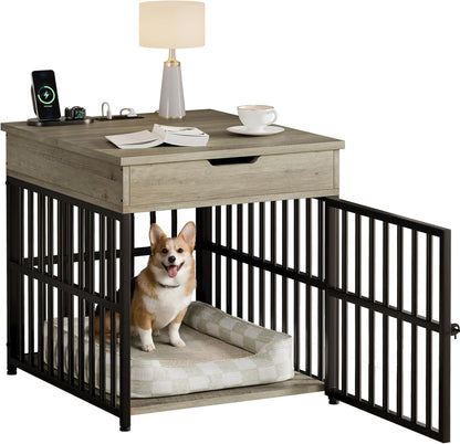 IRONCK Dog Crate Furniture for Small Dogs, Wooden Dog Kennel with Flip Top Drawer, Indoor Pet Crate End Table with Charging Station, Steel-Tube Dog Cage, Gray