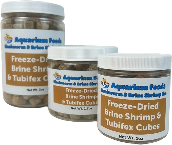 Aquatic Foods Inc. Brine Shrimp & Tubifex Worms - Freeze-Dried Brine Shrimp & Tubifex Cubes for Discus, Cichlids, Koi, Pond Fish, Aquatic Turtles, Tropical Fish, Marines…1oz Sm Round Jar