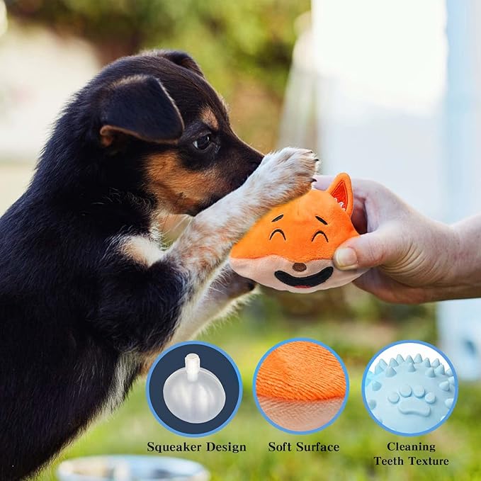 MewaJump Squeaky Dog Toys with Ball 3-in-1 Plush Cute Chew Toy with 3 Layers Puzzle Pet Toy for Teeth Cleaning Puppy Enrichment for Small and Medium Breed (Fox)