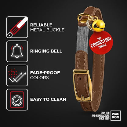WAUDOG Ultra Soft Rolled Leather Cat Collar with Removable Bell, Safety Elastic Strap and QR ID Tag - Soft Padded for Small, Medium, and Large Cats - Round Kitten Collar for Male and Female Cats