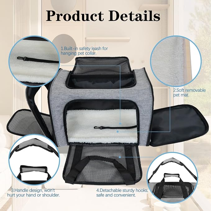 Top tasta Dog Cat Carrier Pet Carriers for Large Cats Small Dogs Carrier Soft Sided Puppy up to 25Lbs Dog Carrier Portable Foldable Dog Cat Travel Carrier (Large-Grey& Black -20 * 13 * 13)