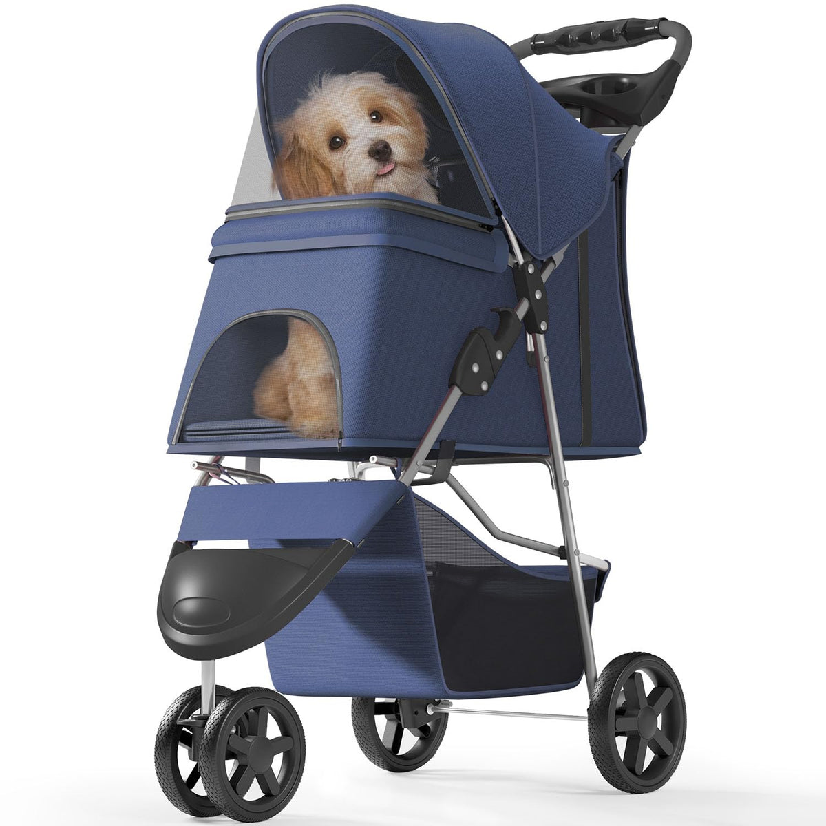 Pet Stroller with 3 Wheels for Small/Medium Pets, Portable Travel Foldable Carrier Jogger for Dog Cat Puppy Kitty, Rear Wheel Breaks, Storage Basket, Visible Mesh Weather Cover (Navy Blue)