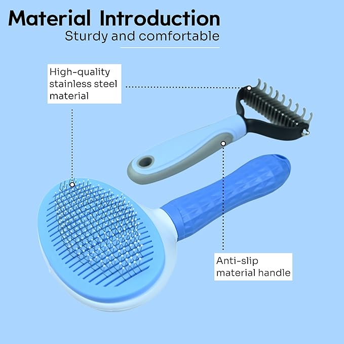 Pet Grooming Combo — Shedding Brush with Metal Comb for Detangling and Removing Undercoat in Long-Haired Dogs and Cats. helping reduce shedding by up to 95%.