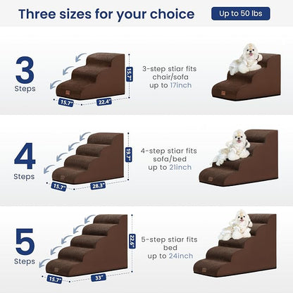 GoGoBunny Ramp Dog Stairs for High Beds 22.6" H, 5-Step Dog Slope Stairs with Durable Waterproof Fabric Cover, Pet Steps for Old Large Dogs Climbing, Non-Slip Sturdy Indoor Step, Brown