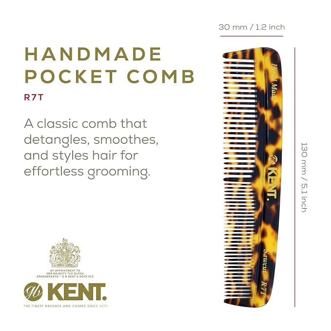 Kent R7T TY Fine and Wide Tooth Hair Comb, Handmade Pocket Comb for Men, Beard and Mustache Combs for Everyday Grooming and Styling, Sawcut Kent Combs, Made in England