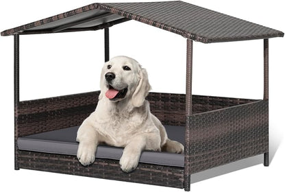 Wicker Dog Bed House, Indoor Outdoor HDPE Rattan Dog Houses, Raised Dog Cot Pet House, Elevated Pets Sofa w/Washable Cover, Waterproof Roof Shelter, Removable Cushion Lounge