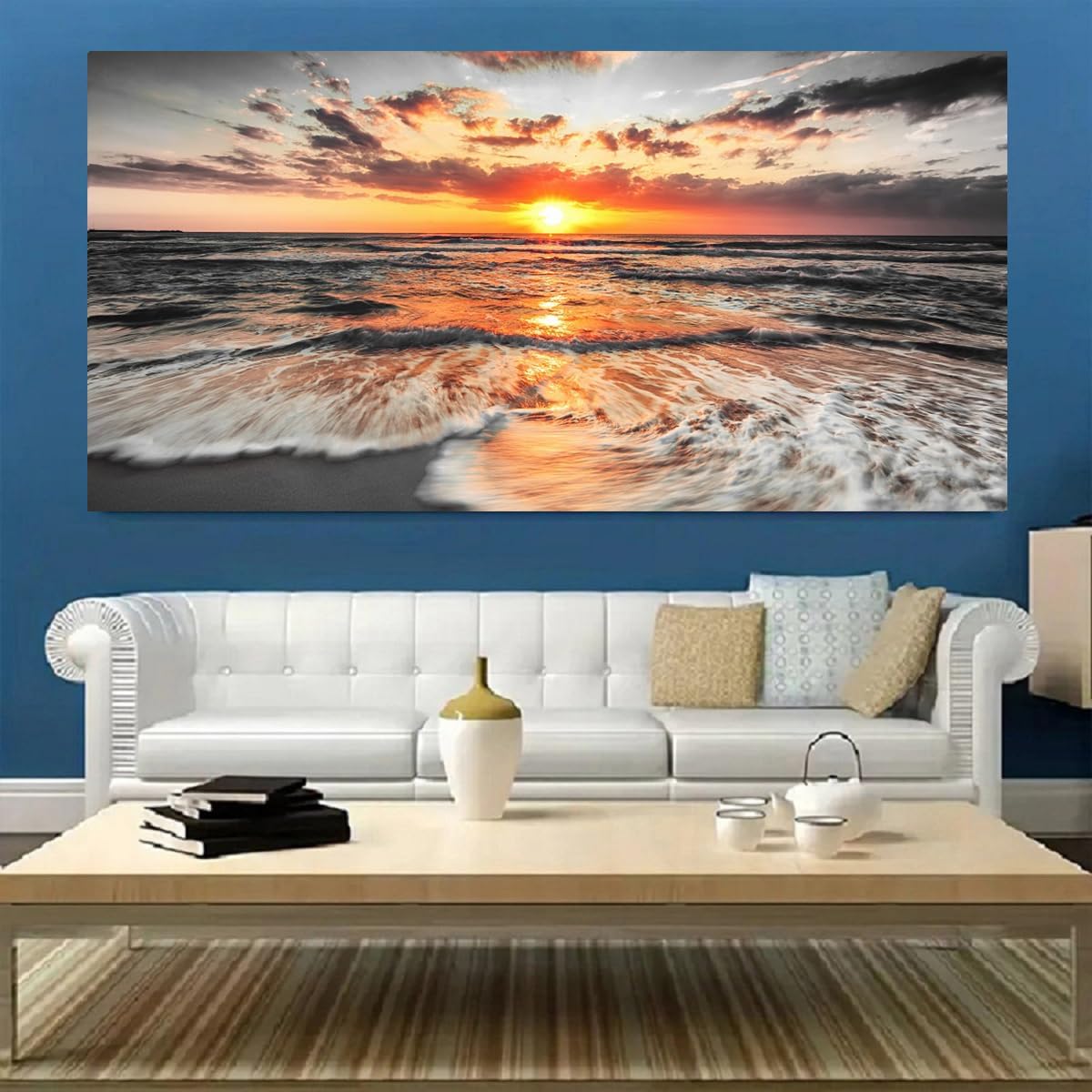Yxbhhym-Large Pictures for Living Room Wall Decor Beach Wall Art Black and White Ocean Room Decor Sunset Canvas Prints Art Seascape Prints Poster Painting for Bedroom Wall Art Home Office Decoration