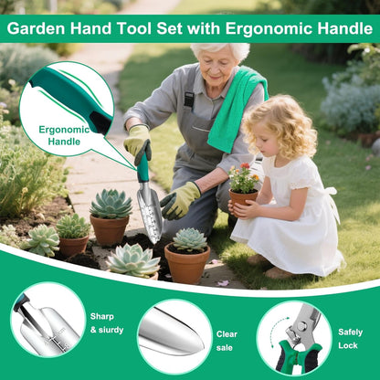Garden Tool Set for Women, 12pcs Heavy Duty Gardening Tools, Cute Gardening Supplies Gifts for Women Mom, Garden Hand Tools with Fashion Organizer Handbag, Garden Tools for Gardening, Planting, Green