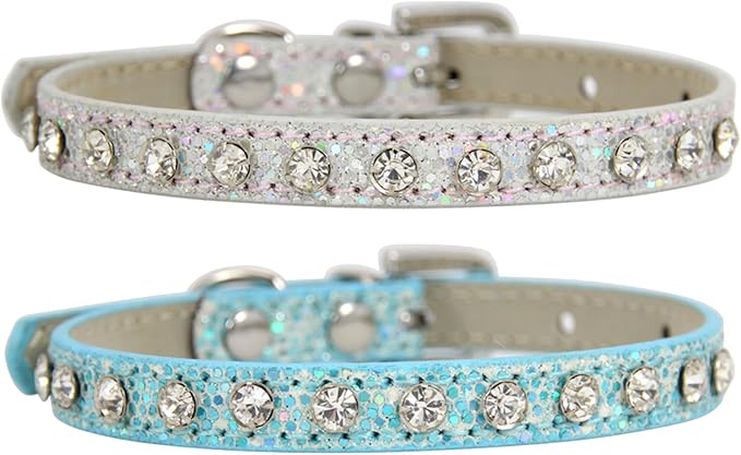 2 Pack Cat Collar Rhinestone Bling Cute Cat Collars Accessories for Pet Collars Adjustable Ideal for Girl Cats Male Cats(Silvery Blue)