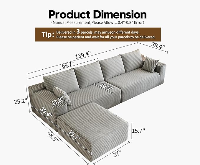 139.4" Modular Sectional Sofa, L-Shaped Minimalist Couches with Ottoman Chaise, Modern Deep Seat Convertible Sleeper Sofa,Cloud Plush Corduroy Fabric, No Assembly Required, 5 Seater, Grey