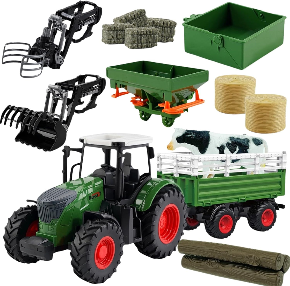 Farm Toys Tractor with Trailer-16.5 Inches Tractor Playset 1/24 Scale Gripper Frontloader Spreader for Boys Kids Toddlers Age 3-7 Years Old
