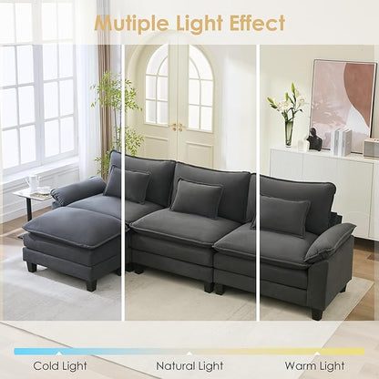URRED Cloud Couch Modular Sectional Sofa, 122'' Modern L Shaped Deep Seat Sofa with Ottoman & Pillows, Ultra Comfy Velvet Couches for Living Room, Bedroom or Apartment, Dark Gray