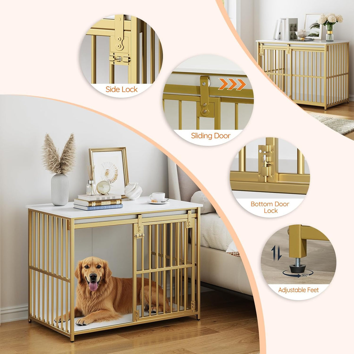 HOOBRO Dog Crate Furniture, 36.6" Heavy Duty Dog Kennel with Sliding Barn Door, Wooden Dog Cage Indoor, Decorative Side End Table for Small/Medium Dogs, White and Gold GD162GW03G1