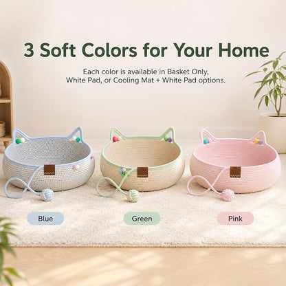 Handwoven Cotton Rope Cat Basket Bed with Hanging Ball Toy (Blue, Medium) | cat bed, woven cat basket, kitten bed, small dog bed, cat toy ball, all season pet bed, washable cat cushion