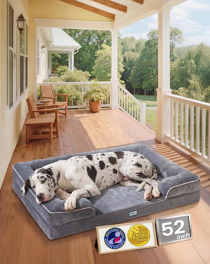 OhGeni Orthopedic Jumbo Sized Dog Bed Couch, Memory Foam, 52-inch (Gray) | Waterproof Pet Bed with Machine-Washable Removable Cover & Soft Comfortable Fabric