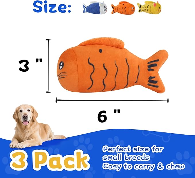 Squeaky Dog Toys for Small Dogs & Puppy – 3 Pack Fish Crinkle Squeak Pet Toys for Interactive Play, Boredom Relief & Teeth Cleaning