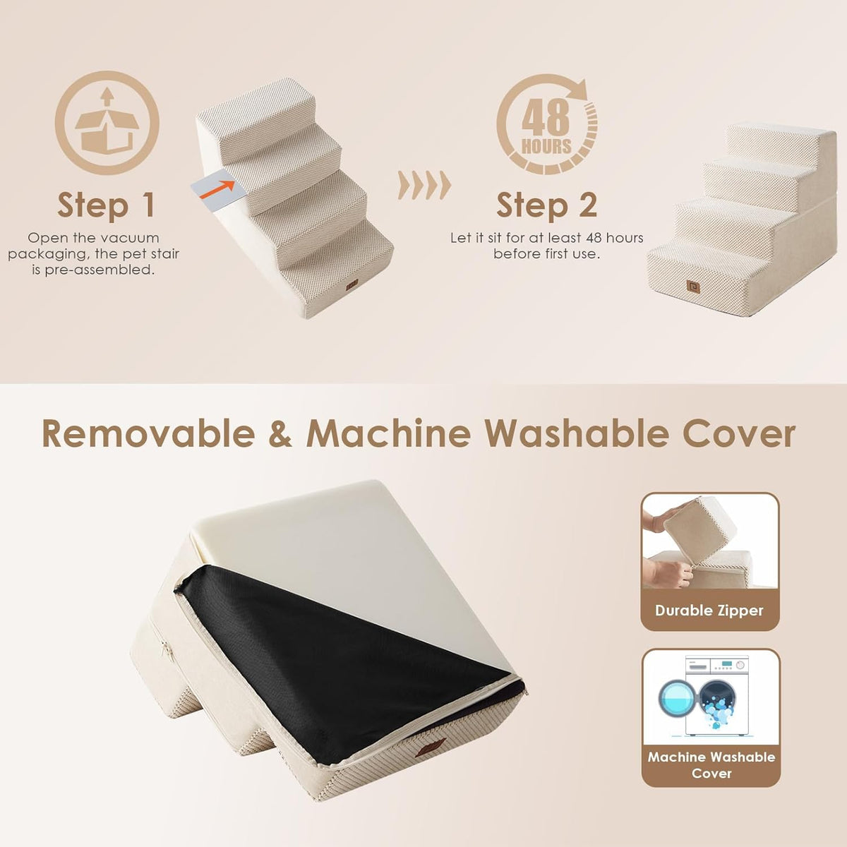 EHEYCIGA Dog Stairs for Bed 18" H, 4-Step Dog Steps for High Bed, Pet Steps for Small Dogs and Cats, Non-Slip Balanced Pet Ramp Indoor, Beige