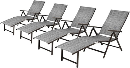 VredHom 4PCS Patio Chaise Lounge Outdoor Folding Adjustable Lounge Chair Recliner with 8 Adjustable Backrest Positions for Pool Beach Yard, Dark Gray Textliene and Brown Aluminum Frame