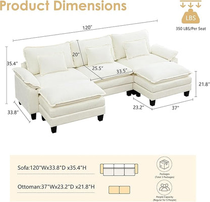 URRED Cloud Couch Modular Sectional Sofa, 122" Modern U Shaped Deep Seat Sofa with 2 Ottomans & Pillows, Ultra Comfy Chenille Couches for Living Room, Bedroom or Apartment, White | Chenille Fabric, Skin Friendly, Breathable, Ergonomic Design, Flexible ...