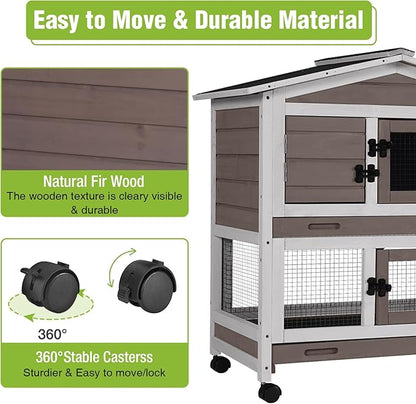 Large Rabbit Hutch Indoor Outdoor, Wooden Rabbit Cage with Wheels, 62'' Mobile Bunny Cage with Chew-Proof Ramp, Pull-Out Tray, Waterproof Roof, Guinea Pig Habitat (Brown)
