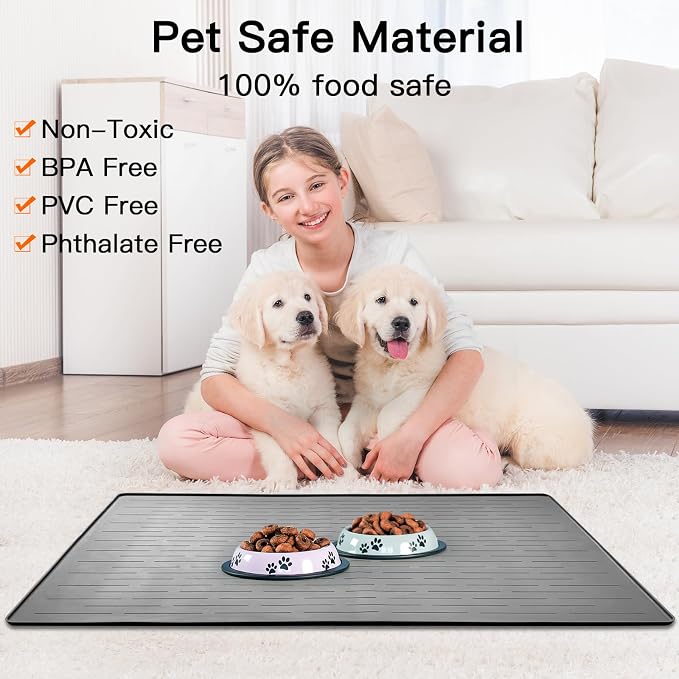 48" x 32" XXXL Largest Pet Food Mat, Silicone Dog Mats for Food and Water, Nonslip Pet Feeding Mats for Floors,Dog Cat Bowl Mat with Raised Edges, Black