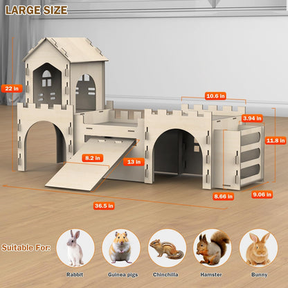 Large Bunny House and Hideouts, Wooden Dual-Layer Rabbit Castle with Stair, Rubber Band-Free Setup - chew-Proof, Sturdy Habitat for Guinea Pig Chinchilla Ferret (Rabbit House with Hay Feeder)