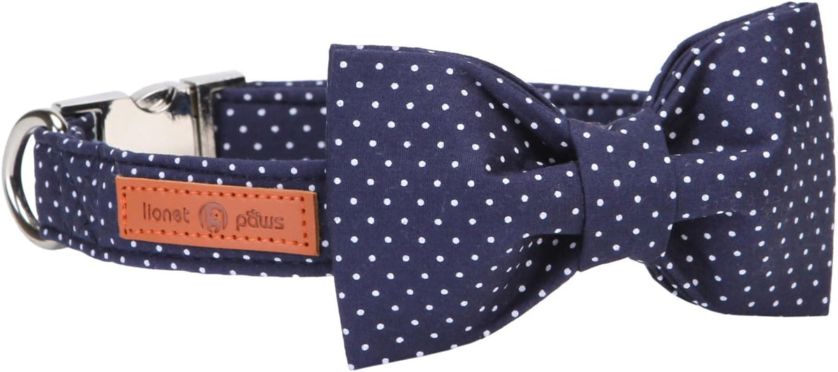 Lionet Paws Boy Dog Collar with Bowtie, Comfortable Adjustable Cute Navy Blue Bow Tie Collar for Male Puppies and Cats Gift, XS, Neck 8-12 inches