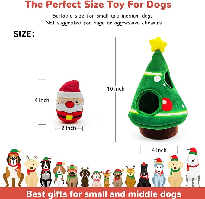 Christmas Dog Toys, Dog, Xmas Christmas Tree, Santa Claus Hide and Seek Puzzle Squeaky Plush Rope Chew Fetch Brain Stimulating Toy Presents for Small Medium Dogs