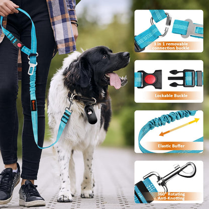 Removable Dog Seat Belt Harness for Car, 3 in 1 Pet Dog Car Seatbelt Leash, Retractable Restraint Secures to Vehicle Headrest & Adjustable Reflective Bungee Dog Seatbelt Tether, Blue and Black