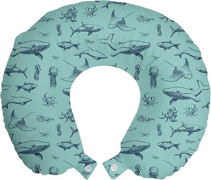 Ambesonne Nautical Travel Pillow Neck Rest, Vintage Marine Style Pattern with Whale Shark Jellyfish Seahorse, Memory Foam Traveling Accessory for Airplane and Car, 12", Sky Blue
