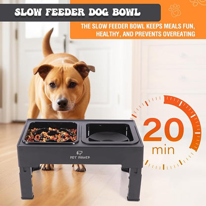 Elevated Dog Bowls with Collapsible Scoop, Slow Feeder Dog Bowls & No-Spill Water Bowl, Raised Dog Bowl Stand 4 Adjustable Heights for Small, Medium & Large Dogs