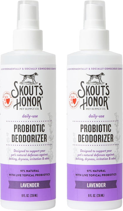SKOUT'S HONOR Pet Probiotic Deodorizer Spray- Hydrating Daily-Use with Avocado Oil & Omega-3s, Microbiome Friendly Certified, Paraben & Sulfate-Free, 97% Natural, 8oz, Lavender, 2-Pack