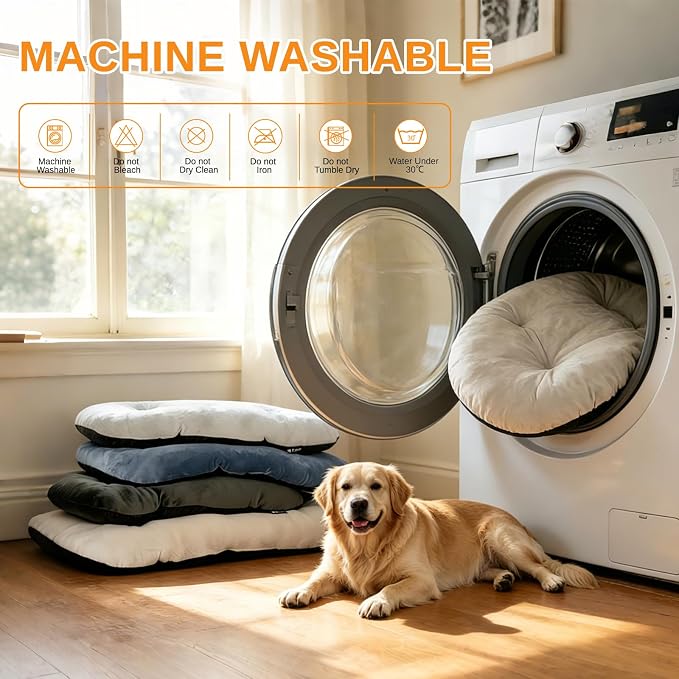 Washable Oval Dog Bed forX-Large Dogs,Silver-Tipped High-Resilience,Beige | Non-Slip Bottom Prevents Sliding, Soft Plush Short Fur, Machine Washable, Ideal for Crates/Apartments/Cozy Nooks,41"x27"x3.6"