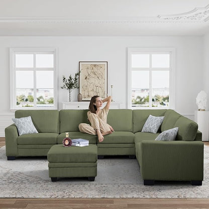Legend Vansen Oversized Modular Sectional Sofa,7 Seat U Shaped Couch with Ottoman,Corduroy Sofa with Deep Seat,Convertible Large Sectional Couches for Living Room (Olive, L-7)