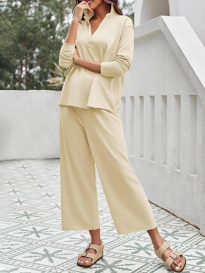 Imily Bela Womens 2 Piece Outfits Sweatsuit Long Sleeve Lapel V Neck Shirt and Wide Leg Pants 2025 Fall Trendy Tracksuit