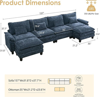 URRED Cloud Couch Modular Sectional Sofa, 157" Modern U Shaped Deep Seat Sofa with 2 Ottomans & Pillows, Ultra Comfy Chenille Couches for Living Room, Bedroom or Apartment, Blue