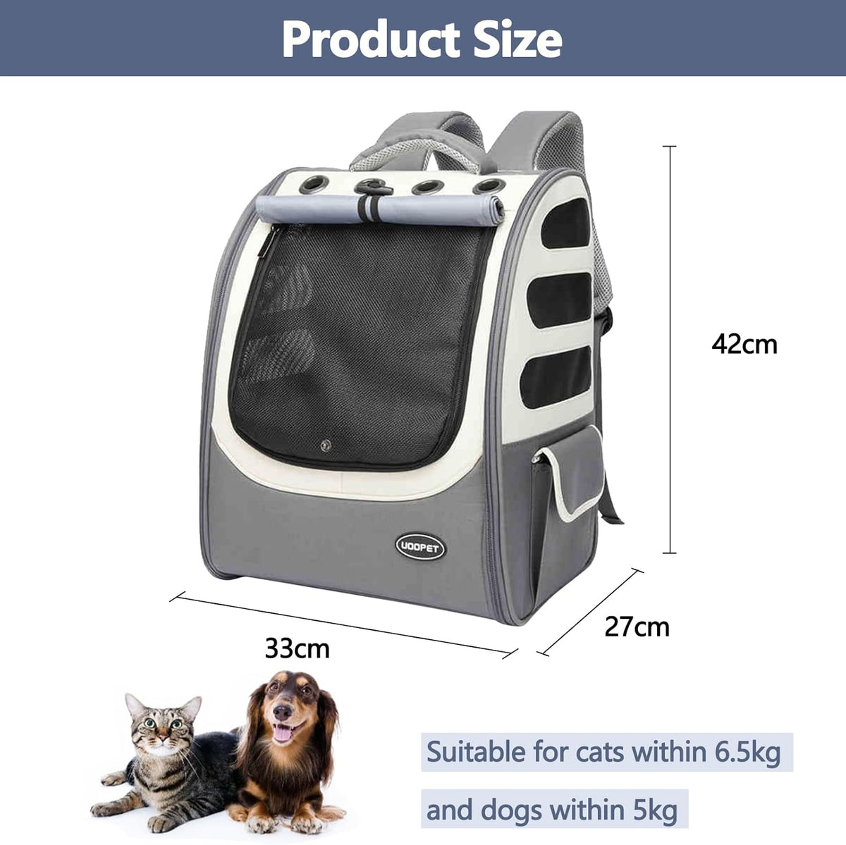Dog Backpack, Ventilated Pet Hiking Backpack Travel Bag, Airline Approved Cat Backpack for Travel, Hiking, Outdoor Use(Gray)