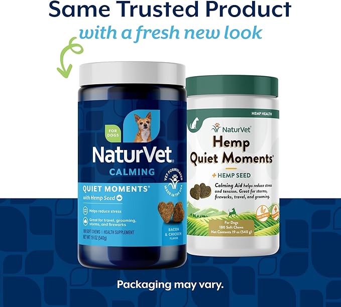 NaturVet Quiet Moments Calming Aid Dog Supplement, Helps Promote Relaxation, Reduce Stress, Storm Anxiety, Motion Sickness for Dogs (Quiet Moments Plus Hemp, 180 Soft Chews)
