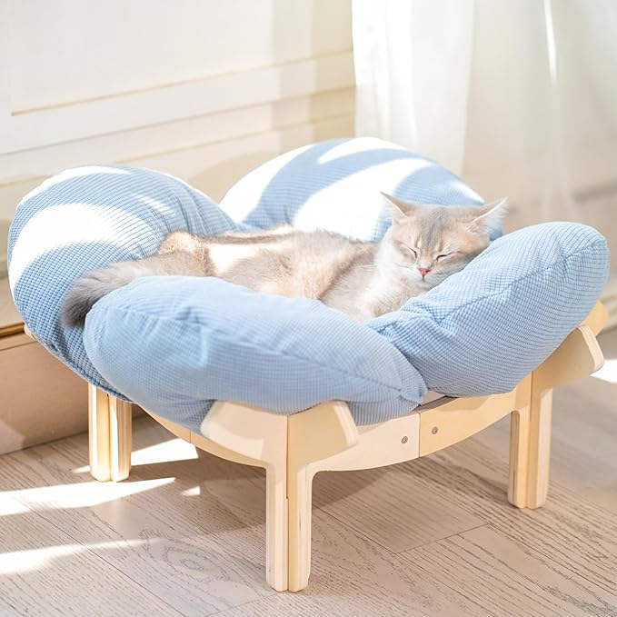 CHEERHOME PETS Elevated Cat Bed Wooden with Cushion Fluffy Pet Couch Sofa for Indoor Cats Raised Kitty Lounge Chair Suitable for Puppy, Cat Furniture(Light Blue)