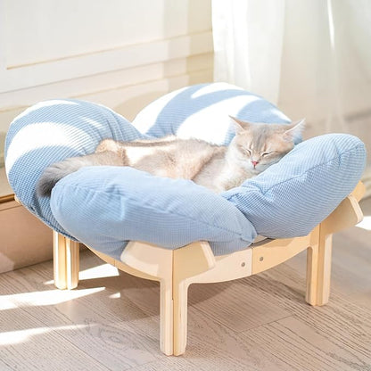 CHEERHOME PETS Elevated Cat Bed Wooden with Cushion Fluffy Pet Couch Sofa for Indoor Cats Raised Kitty Lounge Chair Suitable for Puppy, Cat Furniture(Light Blue)