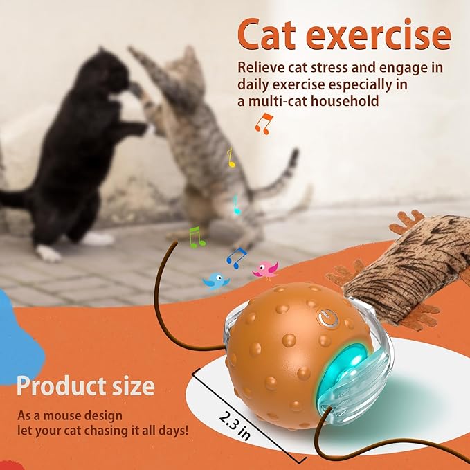 Cat Toys Interactive Self Rolling Cat Balls with Mouse Tails Automatic Moving Fast on Carpet, Rechargeable & Motion Activated