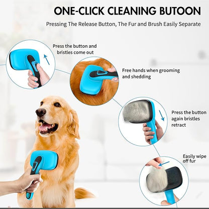 3 PCS Dog Grooming Brush Kit – Self Cleaning Slicker Brush for Shedding Short & Long Haired Dogs & Cats. Removes Loose Fur, Undercoat, Mats, Tangles for Small, Medium & Large Pets. Blue